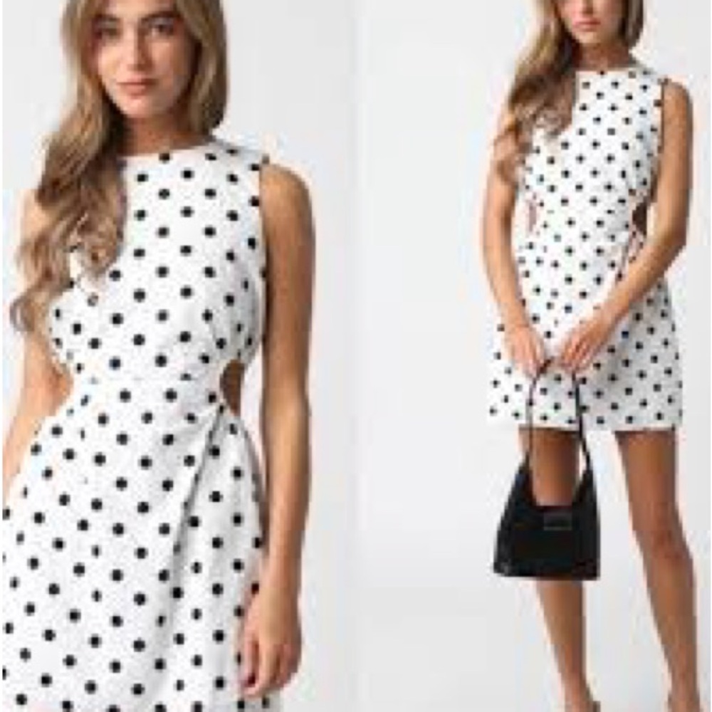 White Polka Dot Sleeveless Rib Cutout Dress - Picture 6 of 6